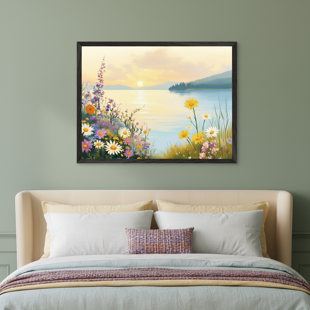Bedroom with a beige upholstered bed and light blue duvet. A framed painting depicting a lake at sunset with mountains and vibrant wildflowers, including daisies, in the foreground, hangs centered above the bed.