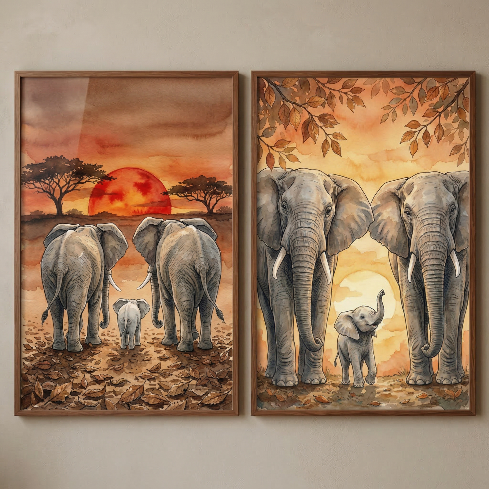 Two framed illustrations of an elephant family in a savanna during sunset. On the left, two large elephants and a calf walk away toward a large, glowing sun. The ground is covered in fallen leaves. On the right, the family faces forward, with the calf lifting its trunk. A pale sun sits behind them, and leafy branches hang from above. The artwork uses a warm color palette of orange, amber, and brown with a soft, watercolor-like style and detailed line work.