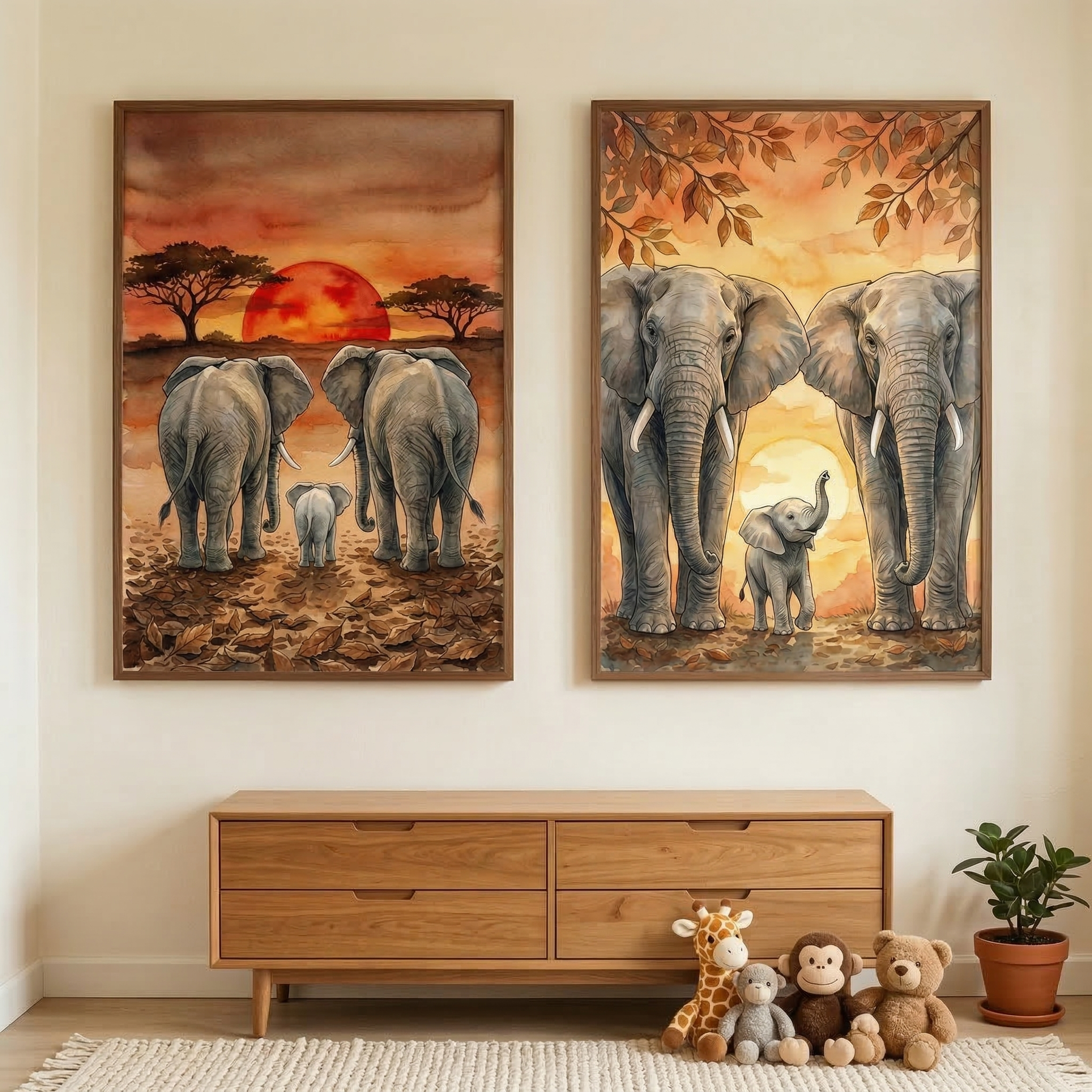 Wildlife Elephants Wall Art Set of 2 - Savanna Family Sunset