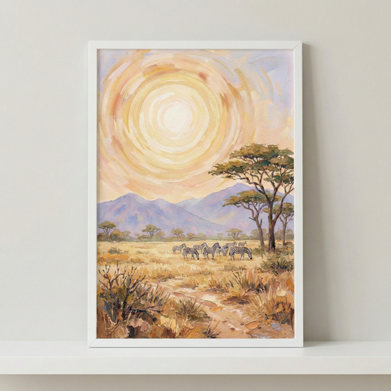 A framed painting depicts a vibrant African savanna scene, with a large, swirling sun dominating the sky. Below, a herd of zebras grazes among dry grasses, while acacia trees stand tall against distant blue mountains.