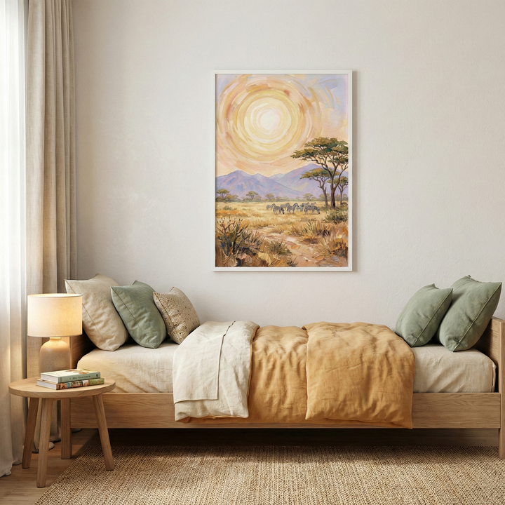 A cozy bedroom features a wooden bed with earthy-toned bedding, including cream and green pillows. A small wooden side table holds a lamp and books. Above the bed hangs a vibrant painting of a sunlit savanna landscape with distant mountains and acacia trees. Soft, natural light filters through sheer curtains, enhancing the room's warm, inviting atmosphere.