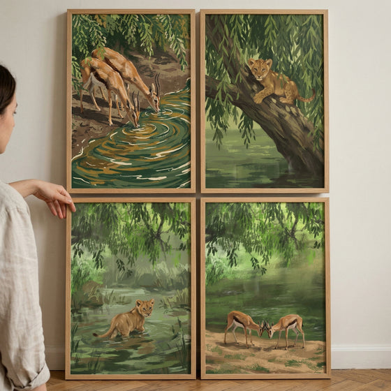 Willow canopy safari animal wall art set of 4 shows gazelles and lion cubs in lush green scenery near calm water.