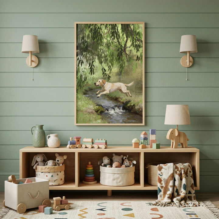 Soft green nursery with wooden shelf and toys styled beneath a framed painting of a yellow labrador jumping over a stream surrounded by leafy trees. The artwork adds movement and a nature inspired focal point to the calm child friendly space.