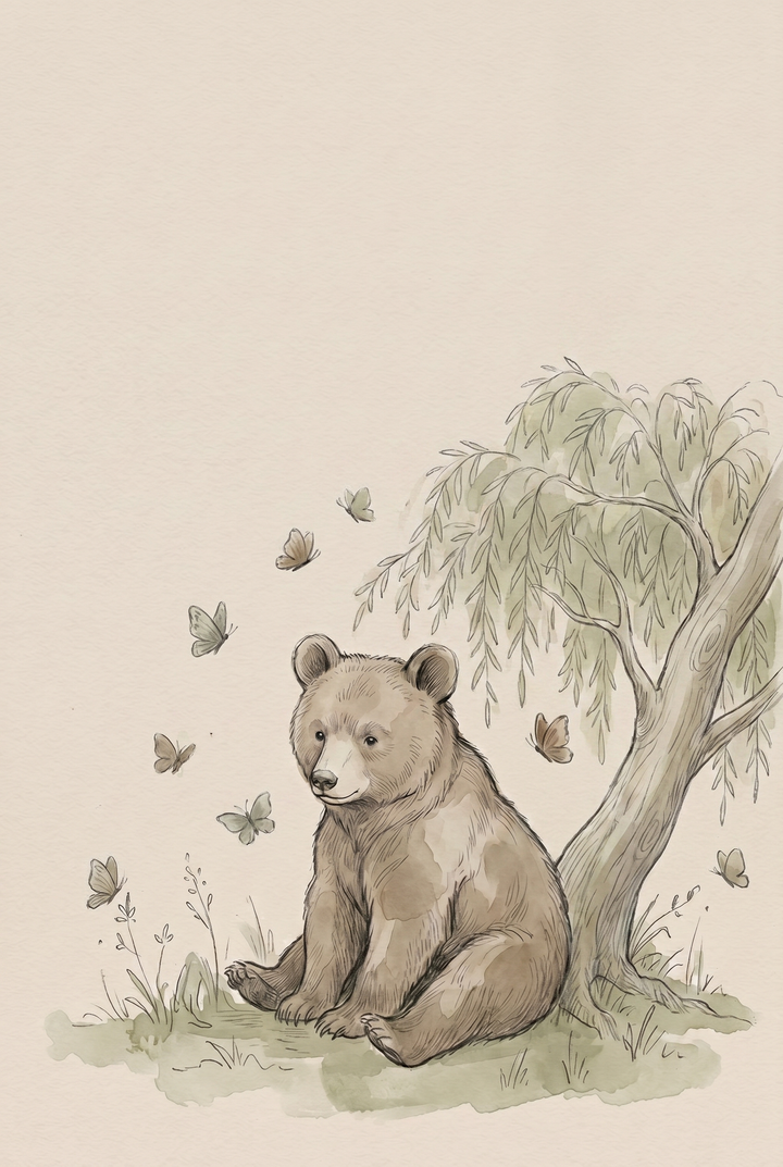 Watercolor willow tree sitting bear wall art featuring a brown bear cub and butterflies under soft hanging branches.
