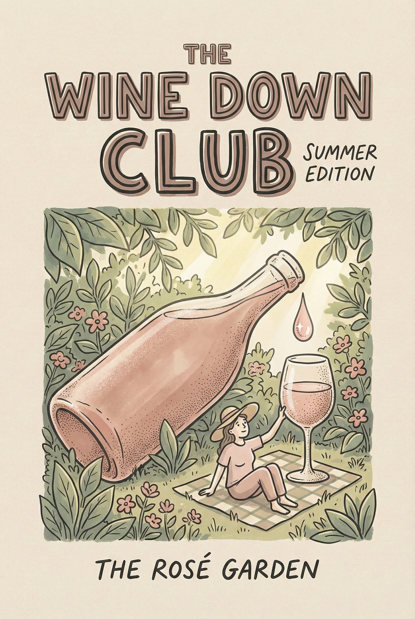 A giant bottle of rosé leans over a serene garden scene where a woman in a sunhat sits on a picnic blanket, holding up a large wine glass as a drop falls in. The illustration is labeled "The Wine Down Club Summer Edition – The Rosé Garden."