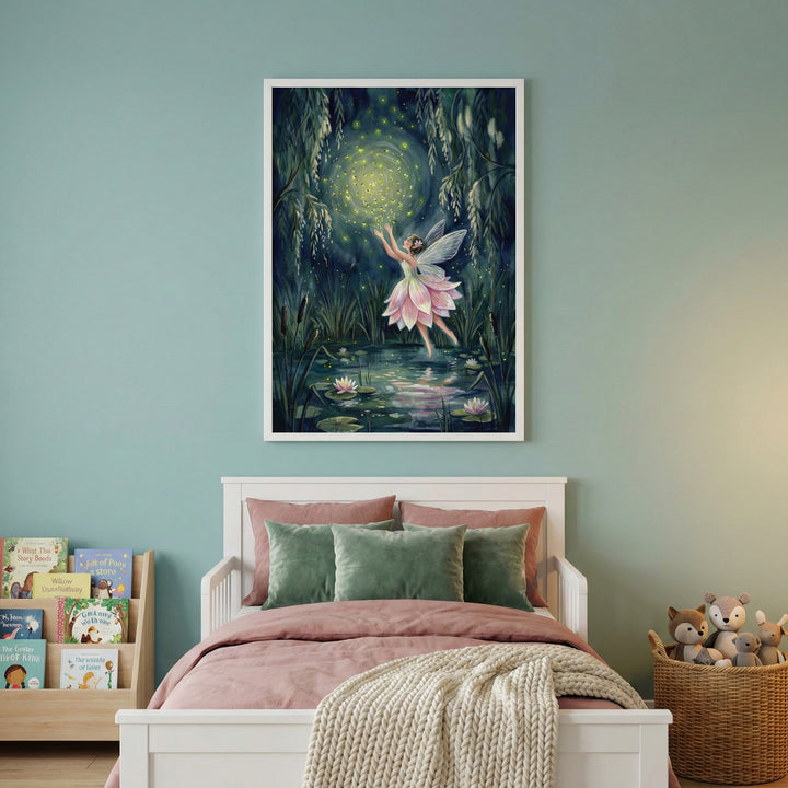 A cozy child’s bedroom features a white wooden bed frame centered against a soft teal wall. The bed is dressed with dusty rose linens, several sage green pillows, and a cream-colored textured throw blanket draped over the footboard. To the left of the bed sits a light wood bookshelf filled with various colorful children's books. To the right, a large woven wicker basket holds several plush animal toys, including a fox and a deer. 