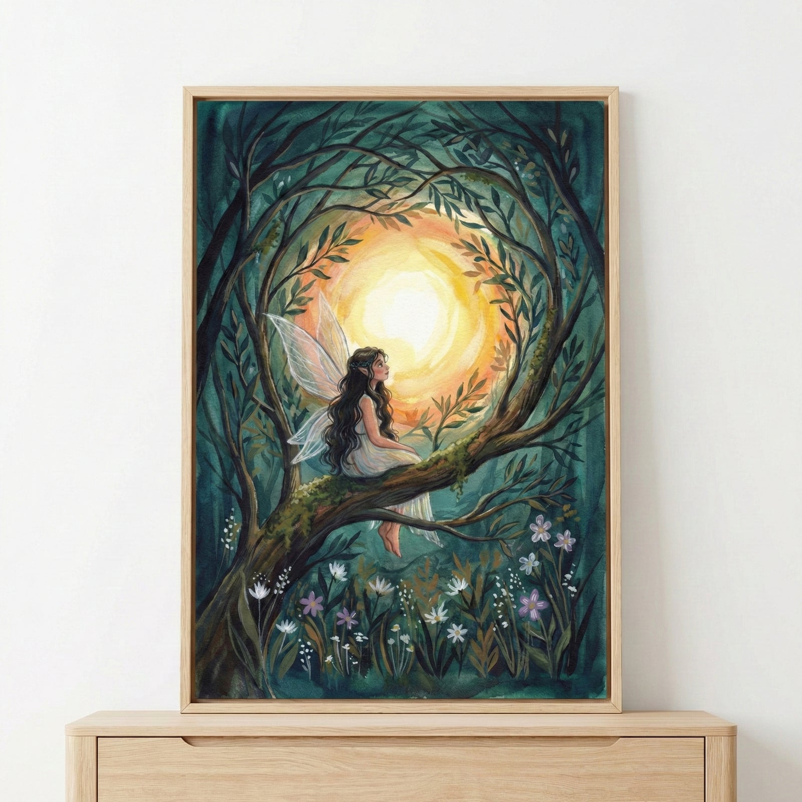 An illustration of an enchanted forest scene, framed and displayed on a wooden surface. A winged fairy with long dark hair sits on a thick, mossy tree branch, looking toward a large, glowing circular light source in the background. The tree branches curve around her to create a circular frame for the light. The forest floor is filled with small white and purple wildflowers amidst lush green foliage, with a color palette of deep teals, forest greens, and warm golden yellows.
