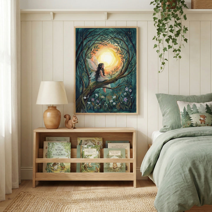 A cozy, forest-themed bedroom features a wooden bookshelf filled with illustrated books. On the shelf, a small wooden squirrel figure stands next to a lamp with a tan ceramic base and a light-colored shade. Above the shelf, a large framed artwork depicts a winged figure sitting on a tree branch, looking towards a bright, glowing light source within a dense forest. To the right, a bed is made with a sage green comforter and a decorative pillow with a woodland animal pattern. A trailing green ivy plant hangs 