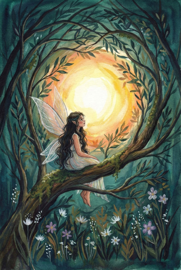 A fairy with flowing hair and translucent wings sits on a mossy tree branch, gazing peacefully at a warm, glowing full moon framed by arching branches and blossoms below.