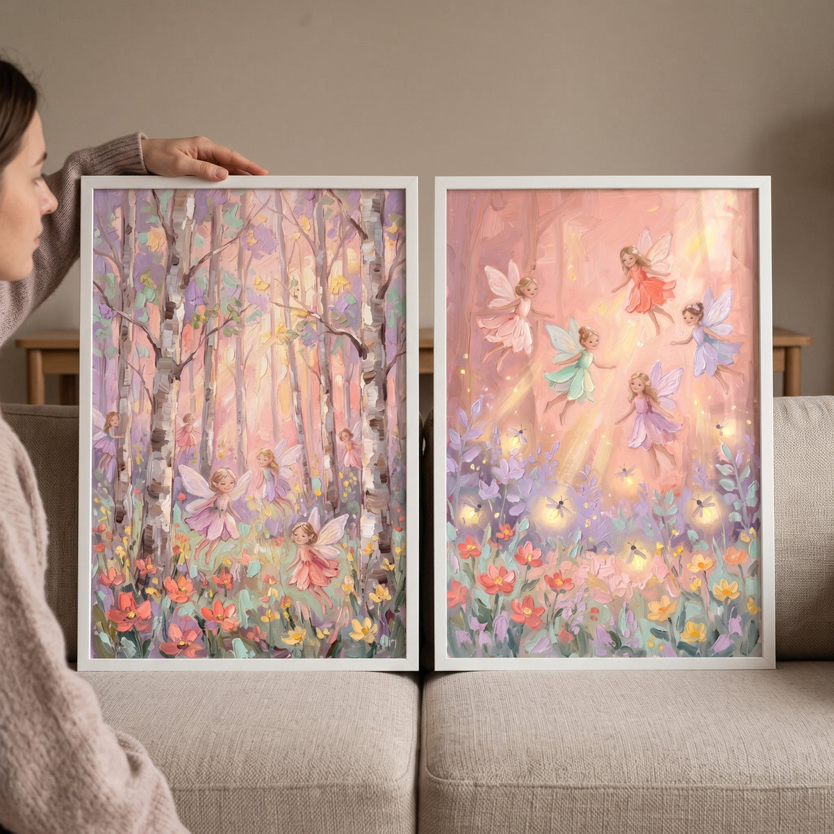 Winged Pastel Woodland Fairy Wall Art Set of 2 - Enchanted Forest Fairies