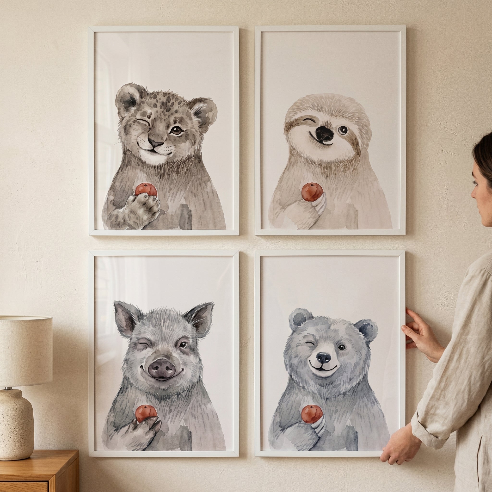 Winking Apple Baby Animal Wall Art Set Of 4 - Winking Berry Buddies