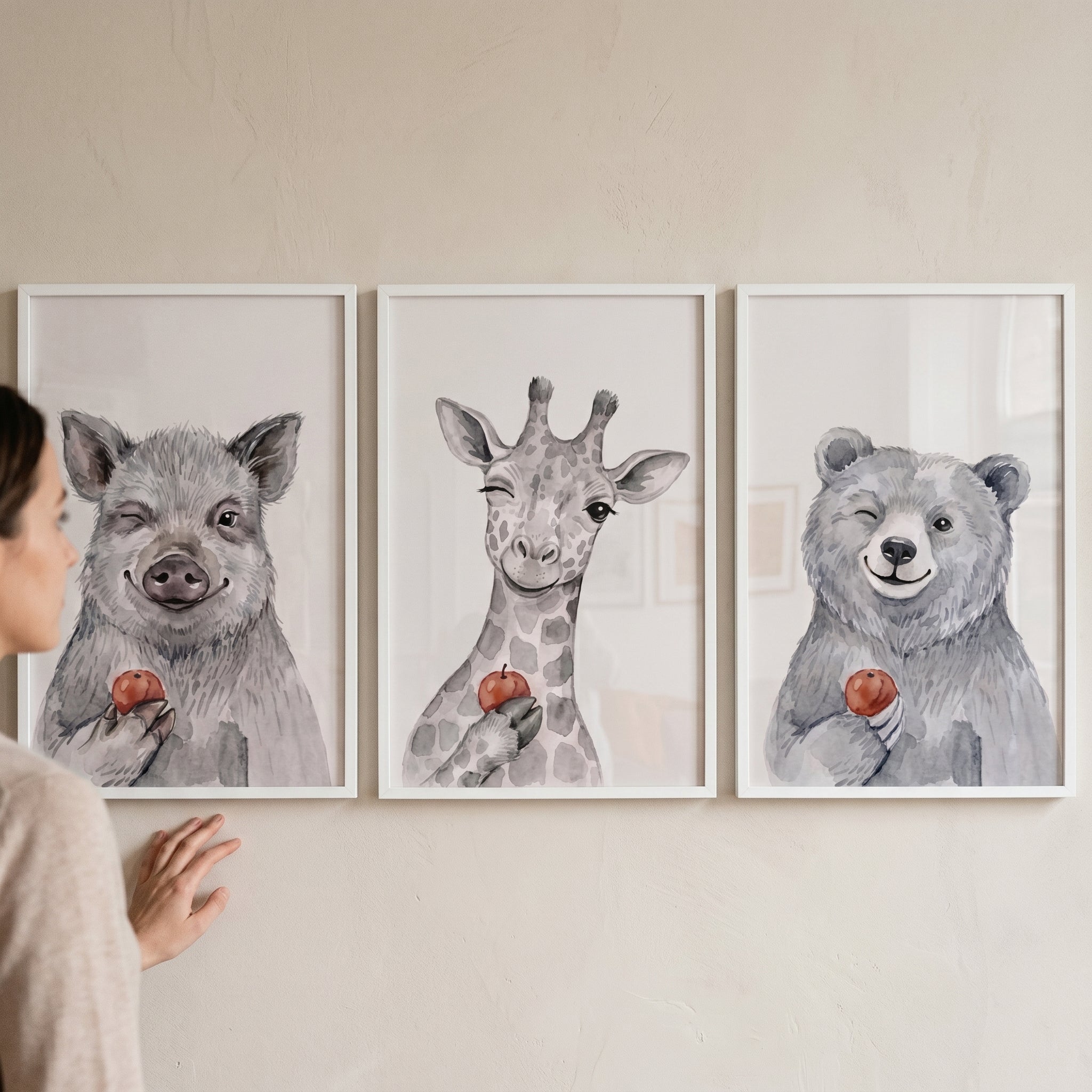 Winking Apple Watercolor Animals Wall Art Set of 3 - Winking Animal Trio