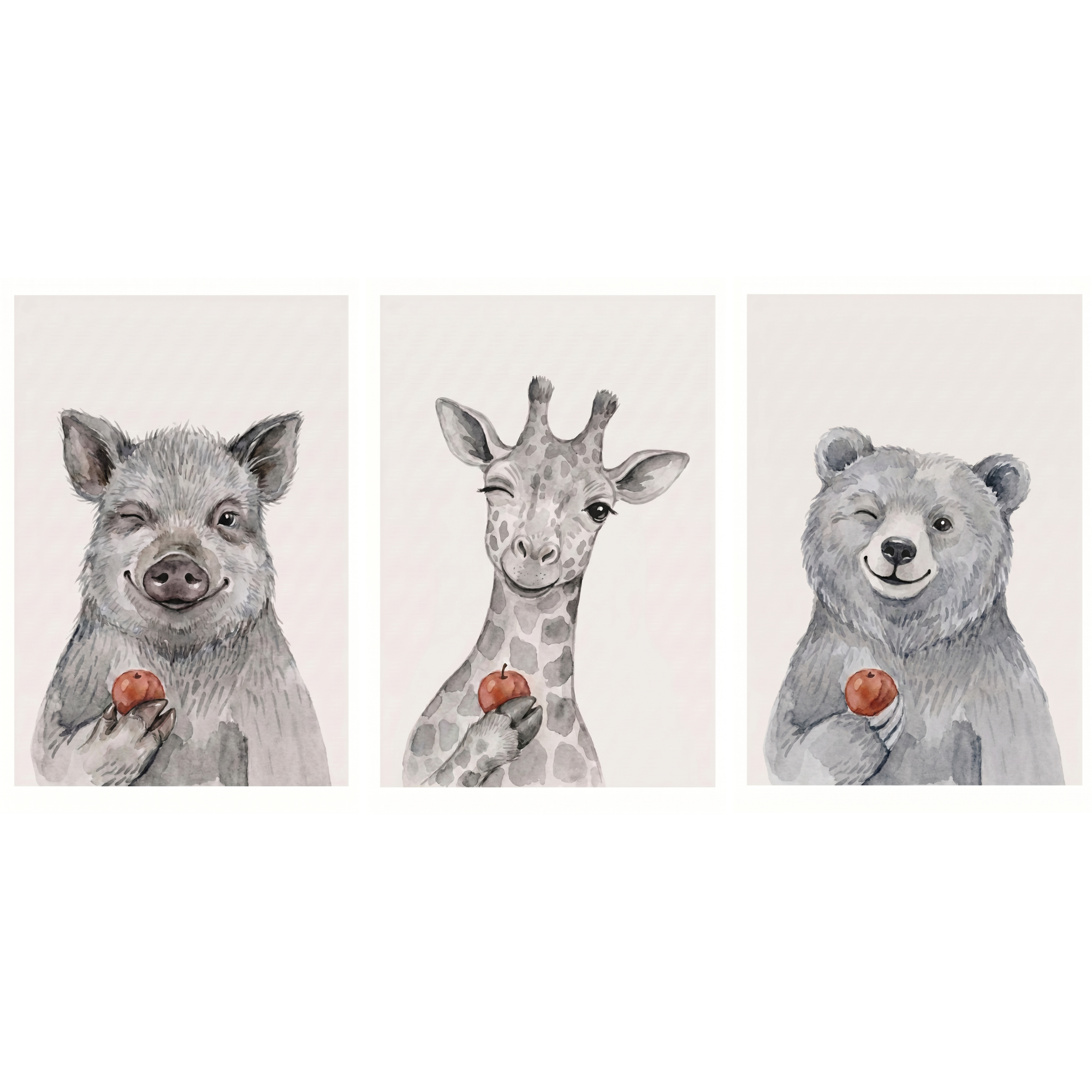 Winking Apple Watercolor Animals Wall Art Set of 3 - Winking Animal Trio