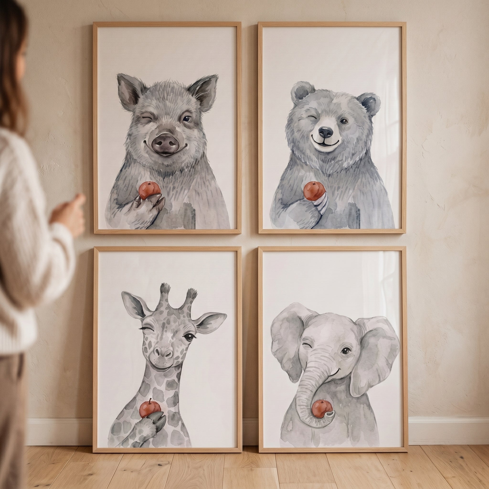 Winking Grey Watercolor Animals Wall Art Set of 4 - Red Apple Smiles