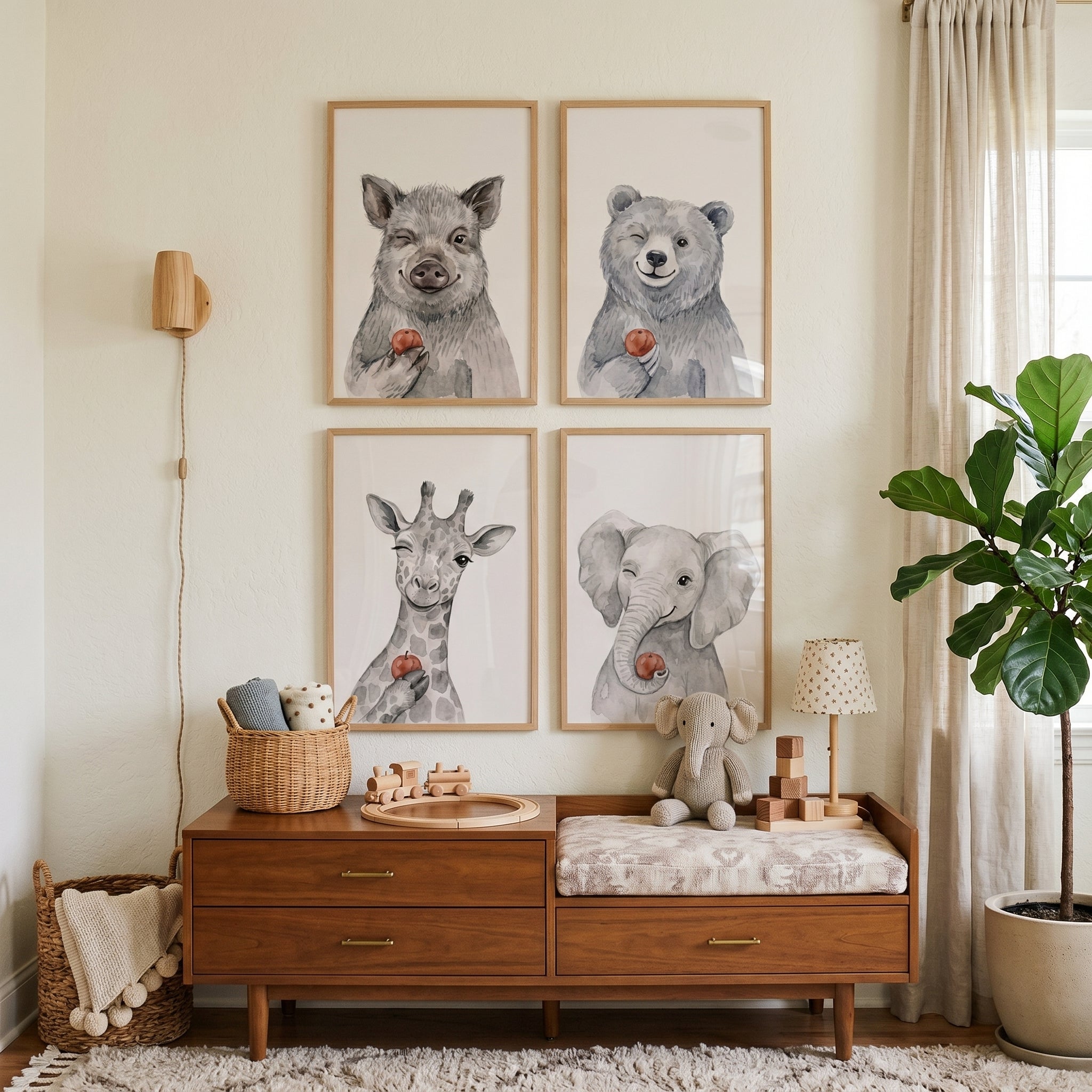 Winking Grey Watercolor Animals Wall Art Set of 4 - Red Apple Smiles