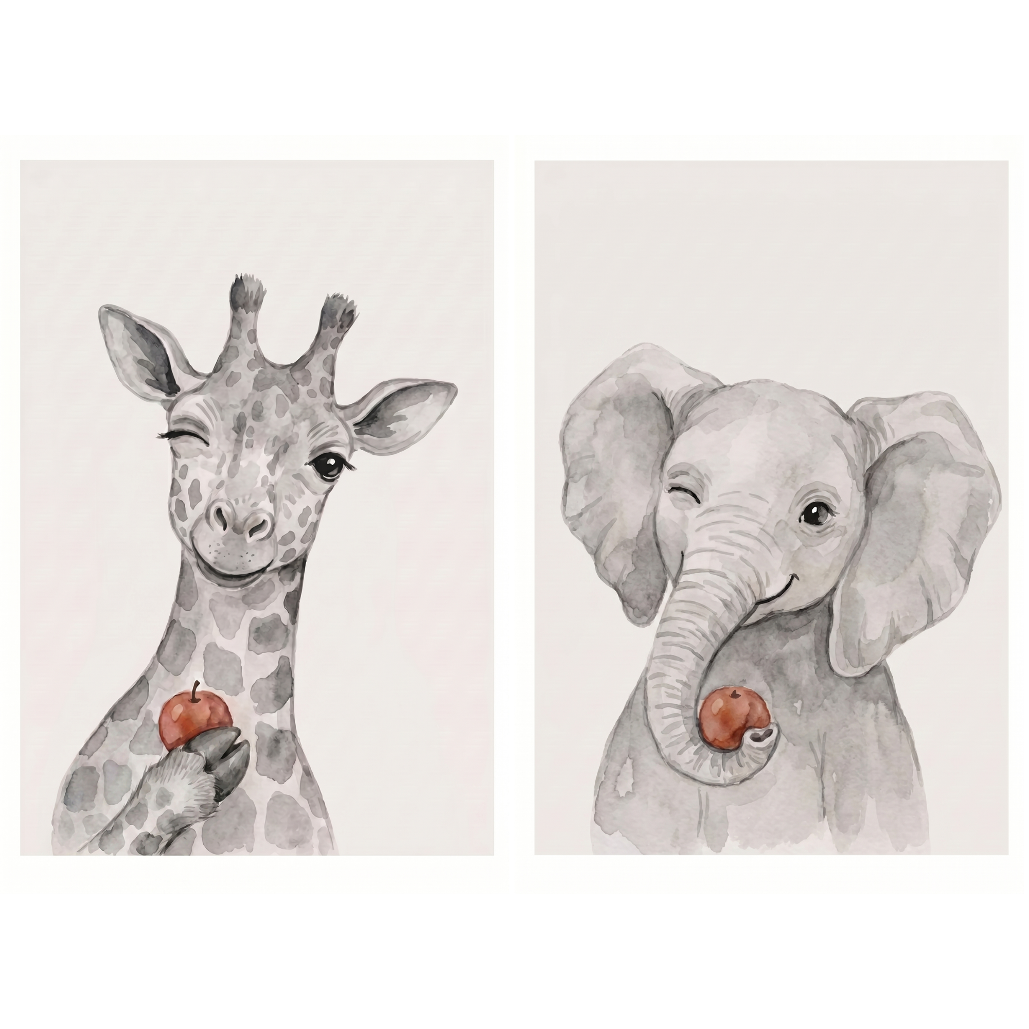 Winking Red Apple Animals Wall Art Set of 2 - Winking Safari Friends