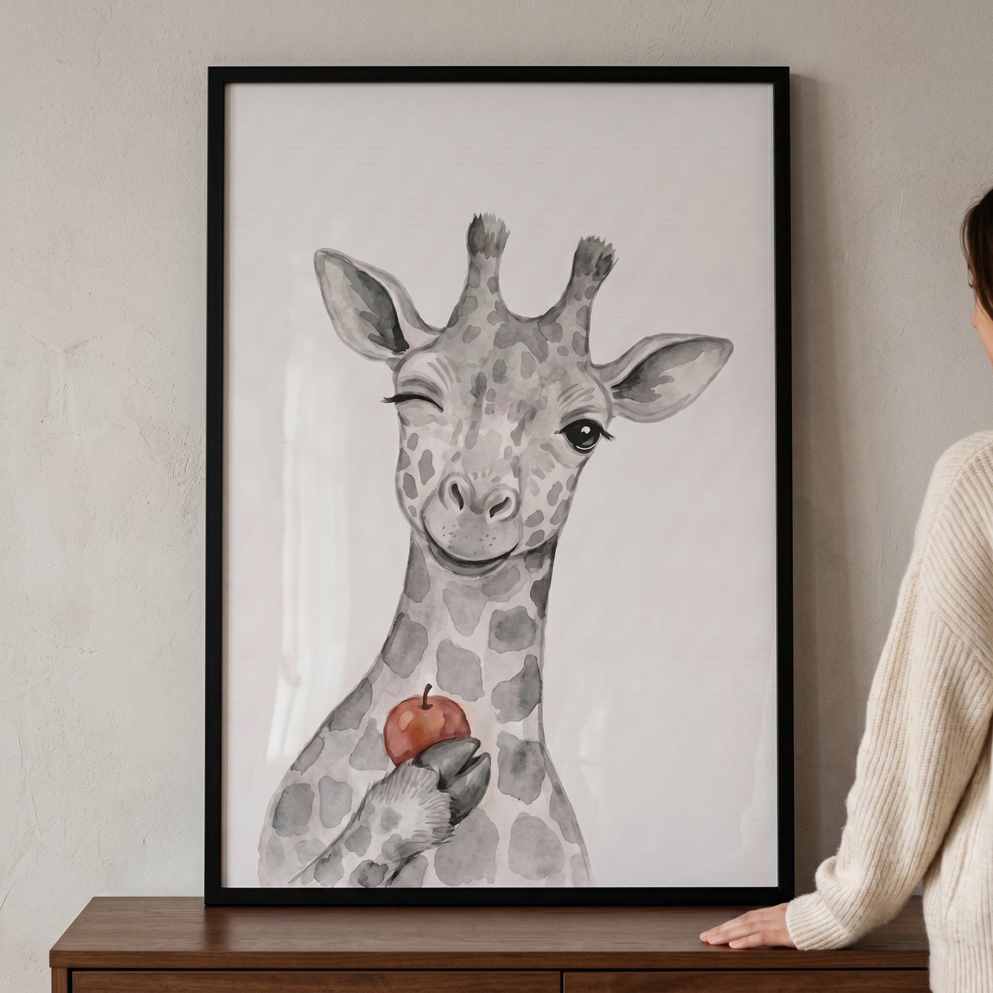 Winking Red Apple Giraffe Wall Art - Winking Giraffe Friend
