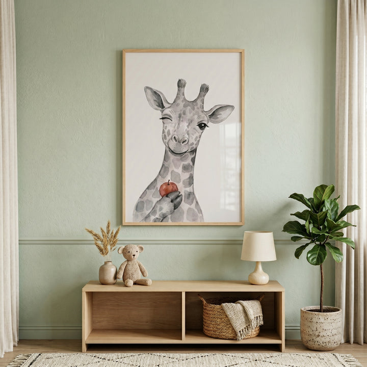 Winking red apple giraffe wall art hangs on a green wall above a wooden sideboard with a teddy bear and lamp.