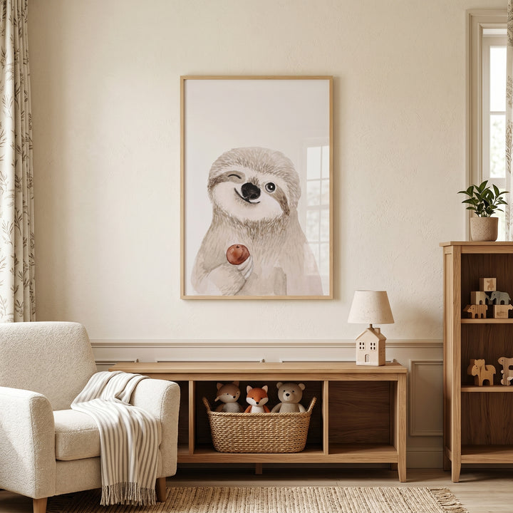 Neutral nursery featuring winking red apple sloth wall art, a cream armchair, and wooden shelves with toys.