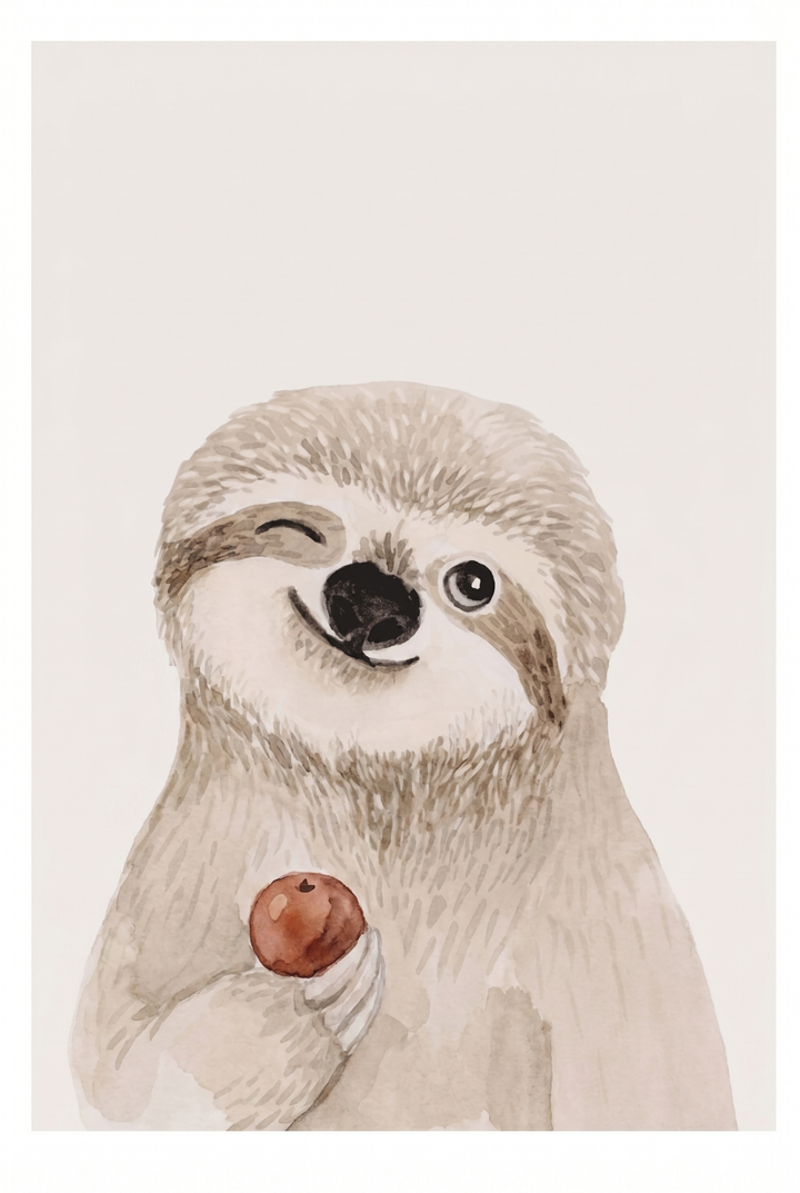 Watercolor winking red apple sloth wall art featuring a smiling animal holding a fruit against a neutral background.