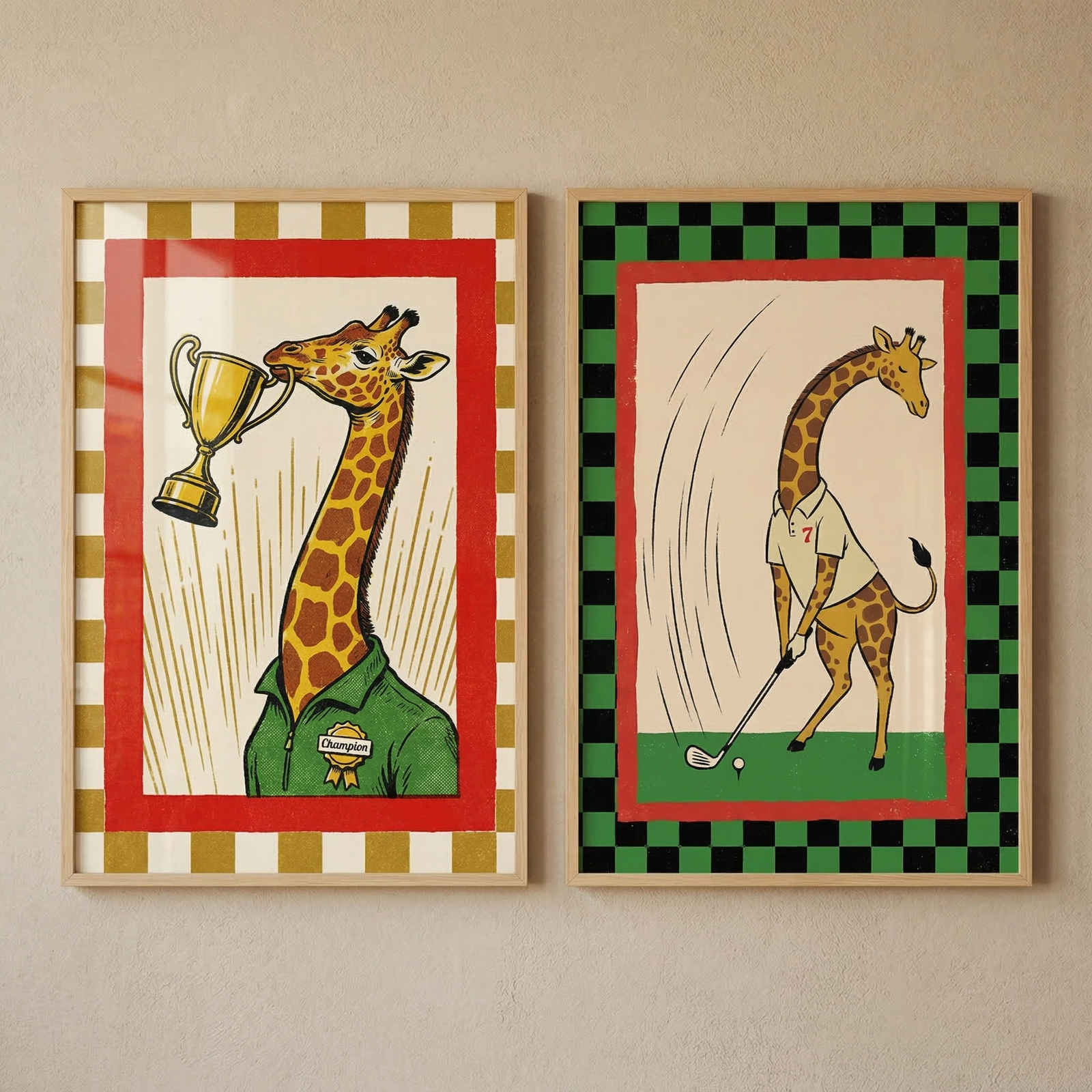 Two framed illustrations hang side-by-side on a neutral-toned wall. The piece on the left features a giraffe’s head and long neck wearing a green zippered shirt with a yellow badge. The giraffe is drinking from a large golden trophy. Golden rays emanate from behind the animal on a cream background, framed by a solid red border and an outer gold-and-white checkerboard pattern. 
