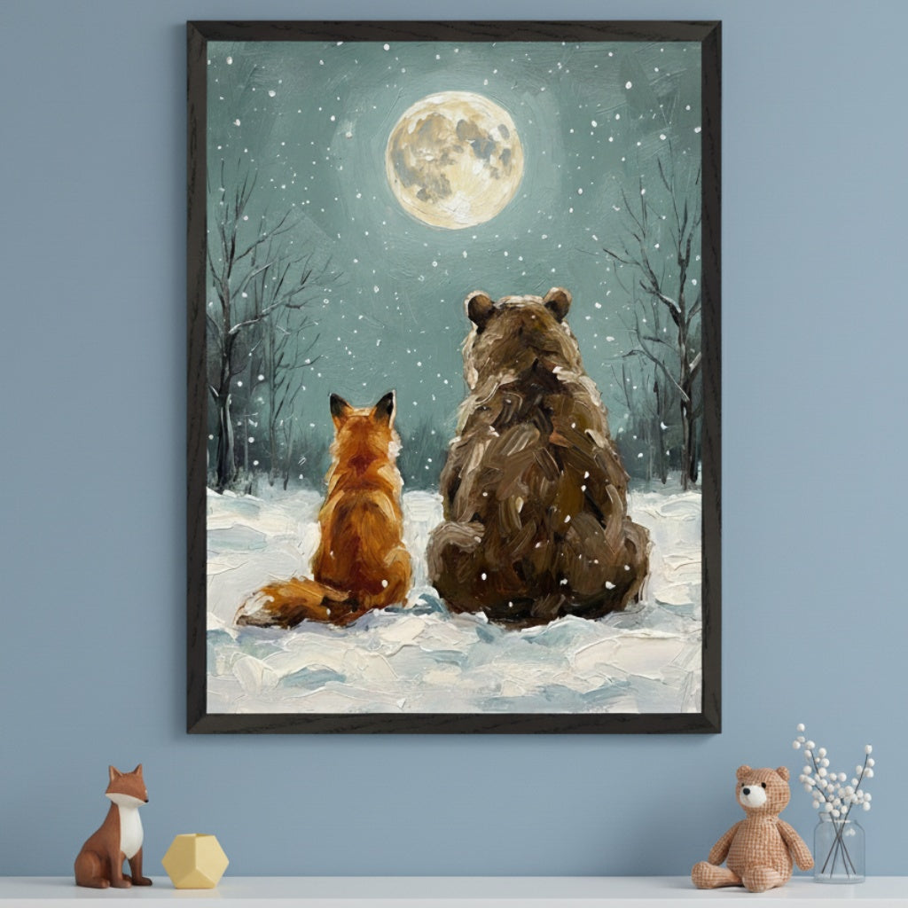 Modern room with a light blue wall. A framed impasto painting of a fox and a bear in snow looking at a full moon, falling snow, and bare trees hangs above a white shelf. Small decorative items (fox figurine, yellow geometric shape, teddy bear, vase with twigs) are on the shelf.