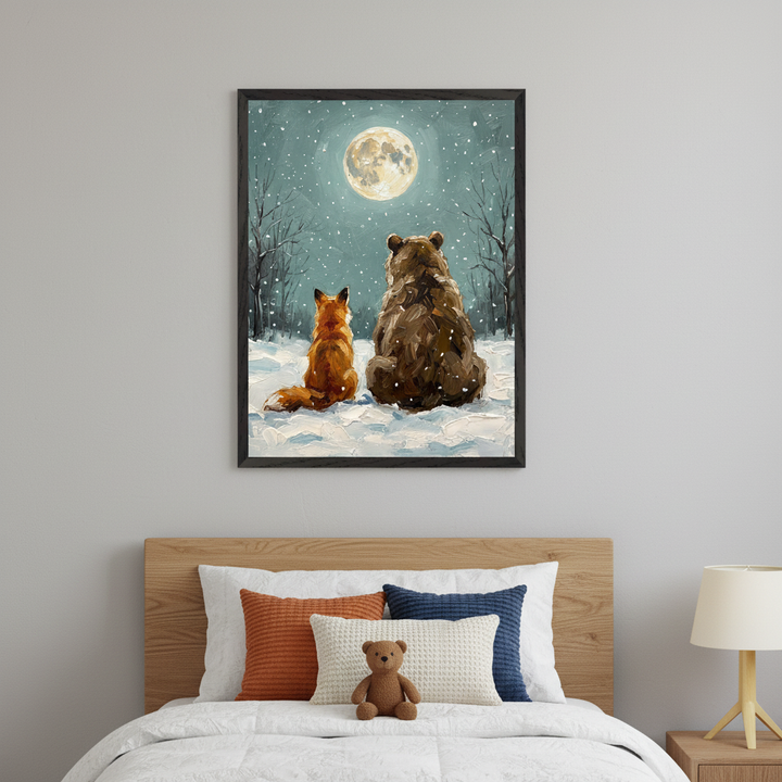 Bedroom with a light wood headboard bed, colorful pillows, a teddy bear, and a bedside lamp. A framed textured painting of a fox and bear in snow gazing at a full moon hangs above the bed.