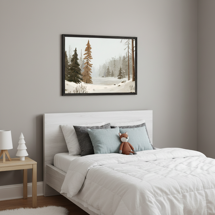 Modern kid's bedroom with a white wooden bed. A large framed illustration of a snowy winter forest with pine and bare trees hangs centered above the bed. A wooden nightstand is to the left, and a stuffed fox sits on the bed.