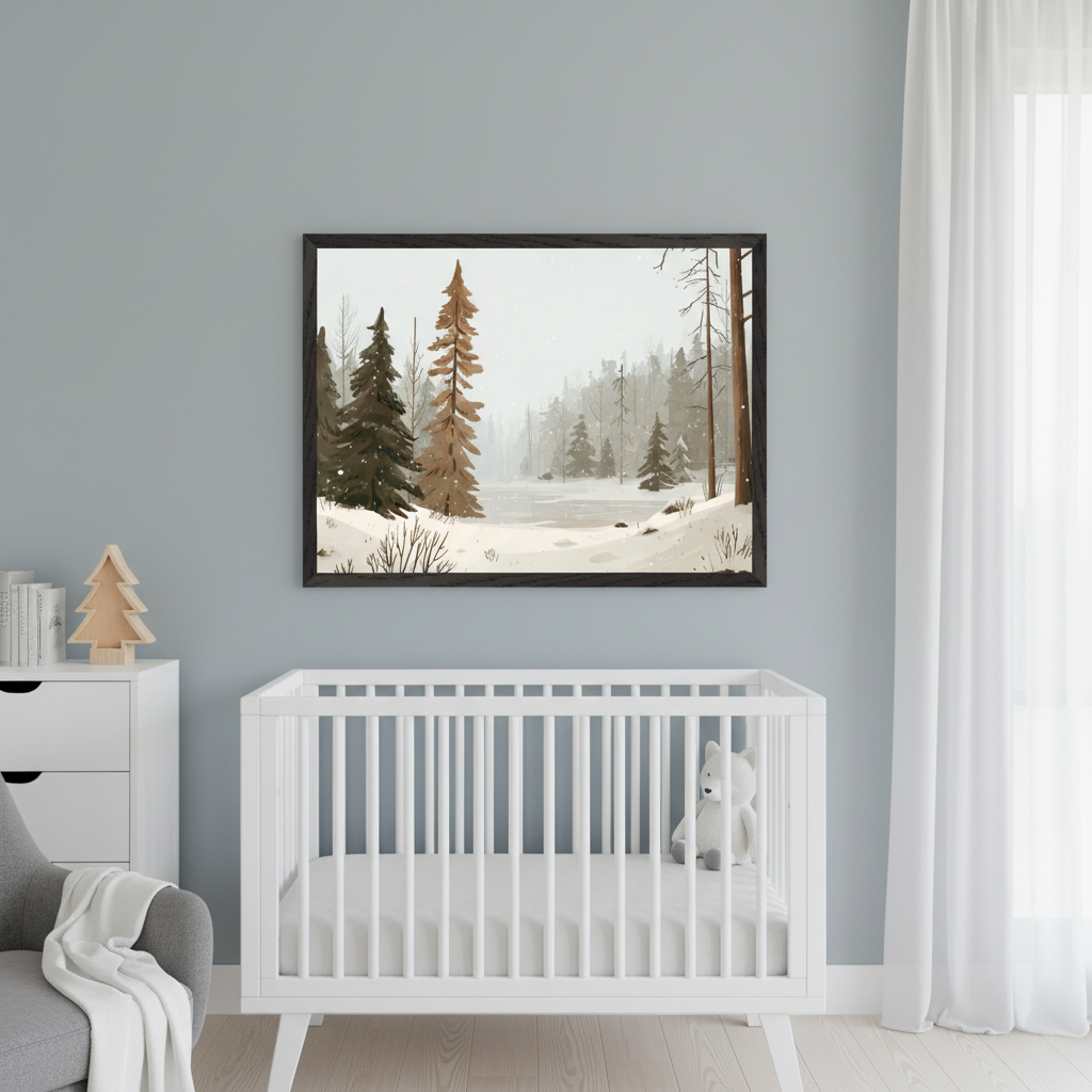 Modern nursery with a white crib and dresser against a blue-gray wall. A large framed illustration of a snowy winter forest with pine trees and a frozen lake hangs centered above the crib.