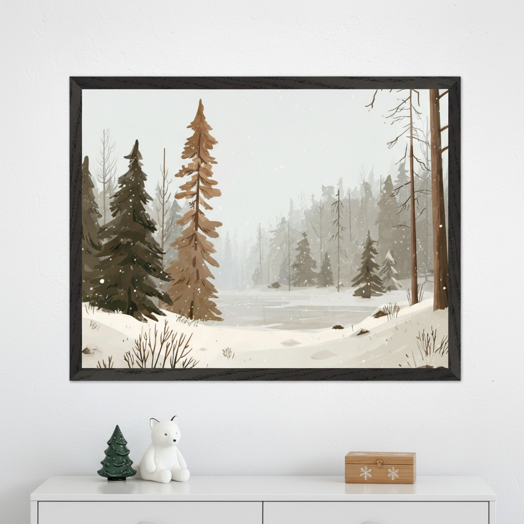 Framed illustration of a serene winter forest scene with snow-covered ground, pine trees, and a frozen lake under falling snowflakes. The artwork is displayed above a white cabinet decorated with a small ceramic Christmas tree, a white bear figurine, and a wooden box with snowflake details.