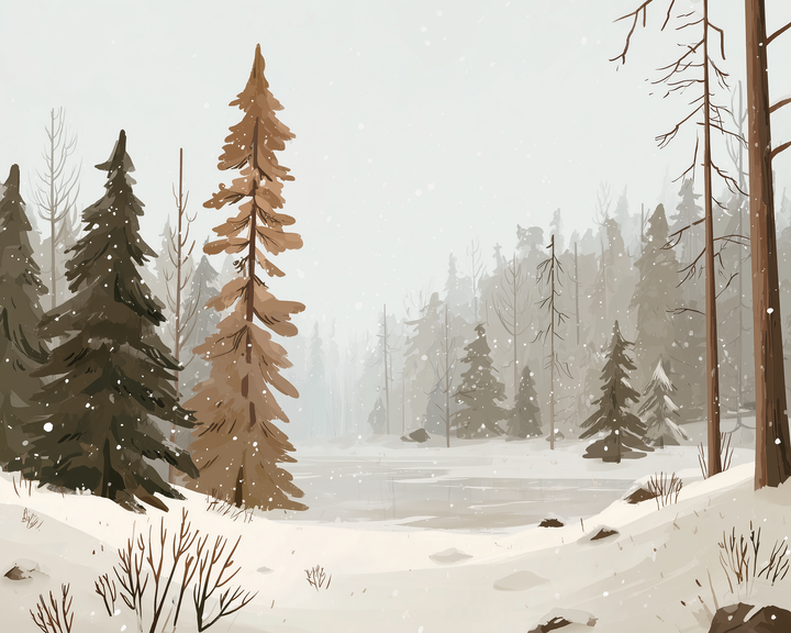A serene winter landscape features a snow-covered forest with tall evergreen trees and a frozen lake. Snow gently falls, adding a peaceful touch to the scene, while bare branches and scattered rocks peek through the snow.