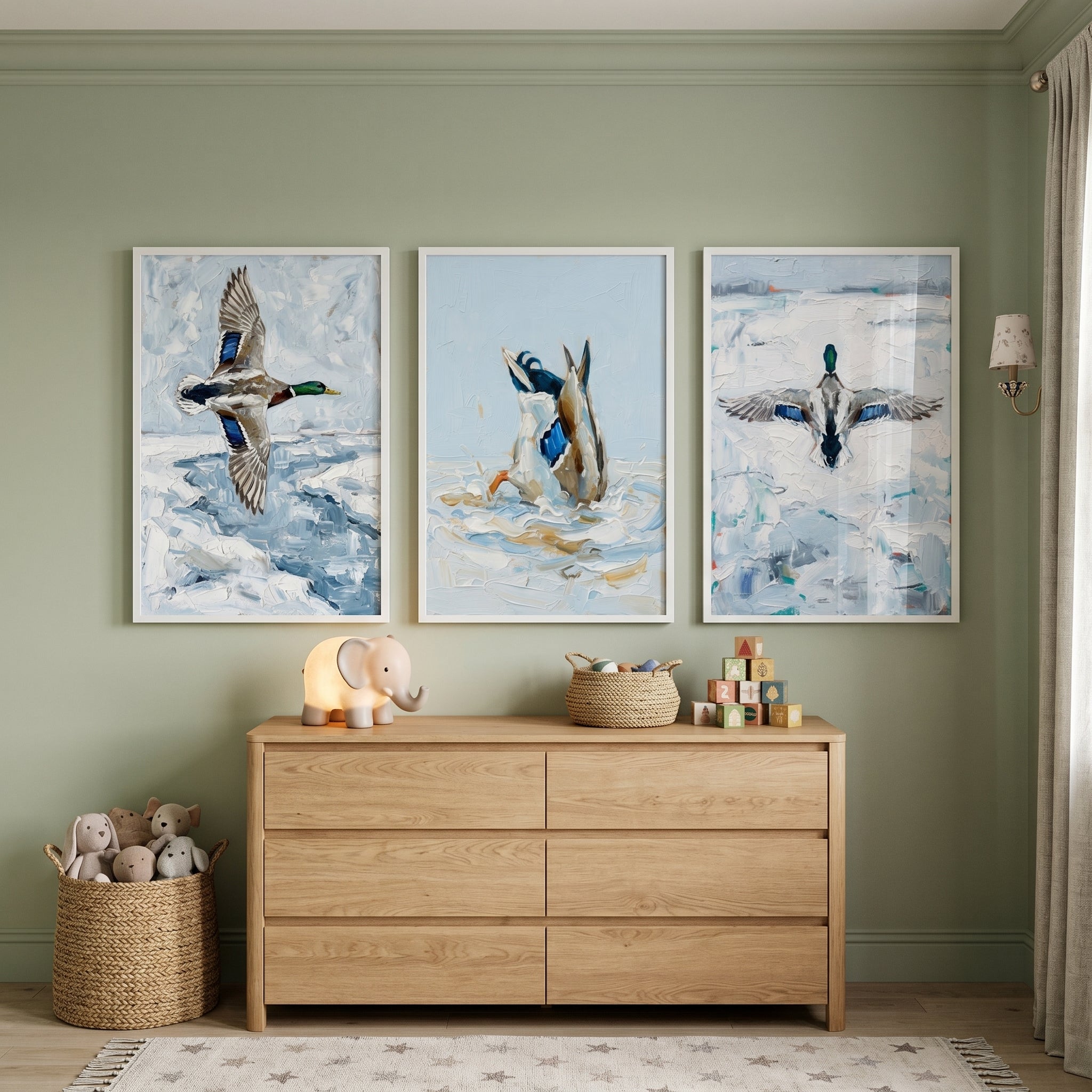 Winter Landscape Mallard Duck Wall Art Set of 3 - Mallard Flight Trio