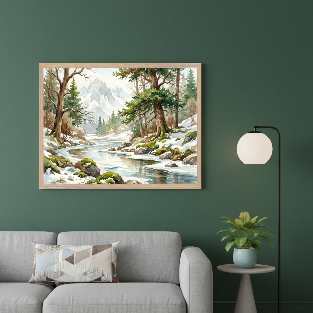 Modern living room with a gray sofa against a dark green wall. A framed watercolor landscape depicting a snowy forest with a winding river and mountains hangs above the sofa. A black floor lamp stands to the right of the artwork.