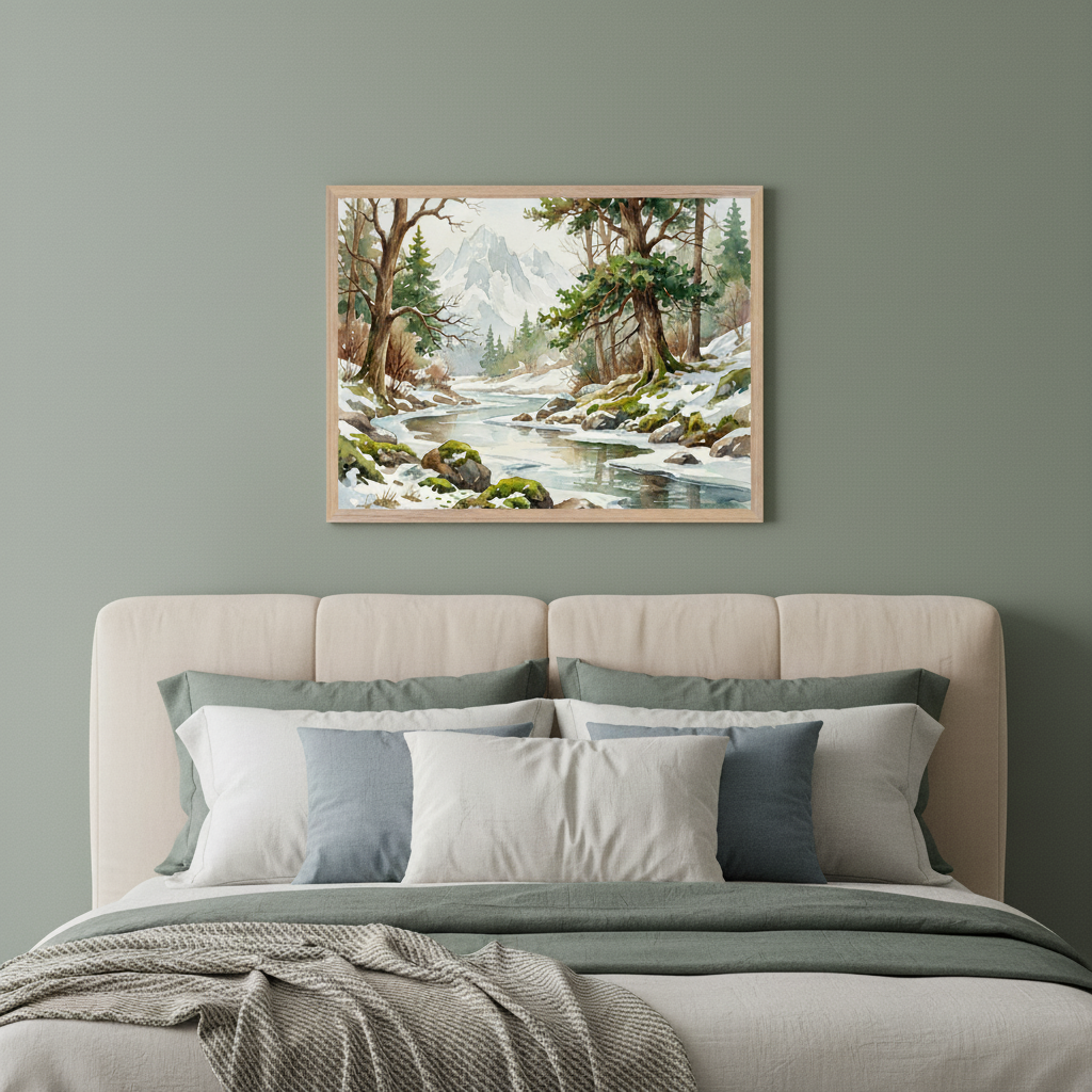 Modern bedroom with a sage green wall and beige upholstered bed. A framed watercolor painting of a snowy winter landscape with a river, evergreen trees, and mountains hangs above the bed.