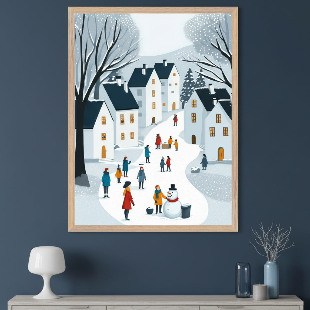 Modern room with dark blue walls and a light wood console table. A large framed illustration of a snowy village with people, houses, and a snowman hangs centered above the table.