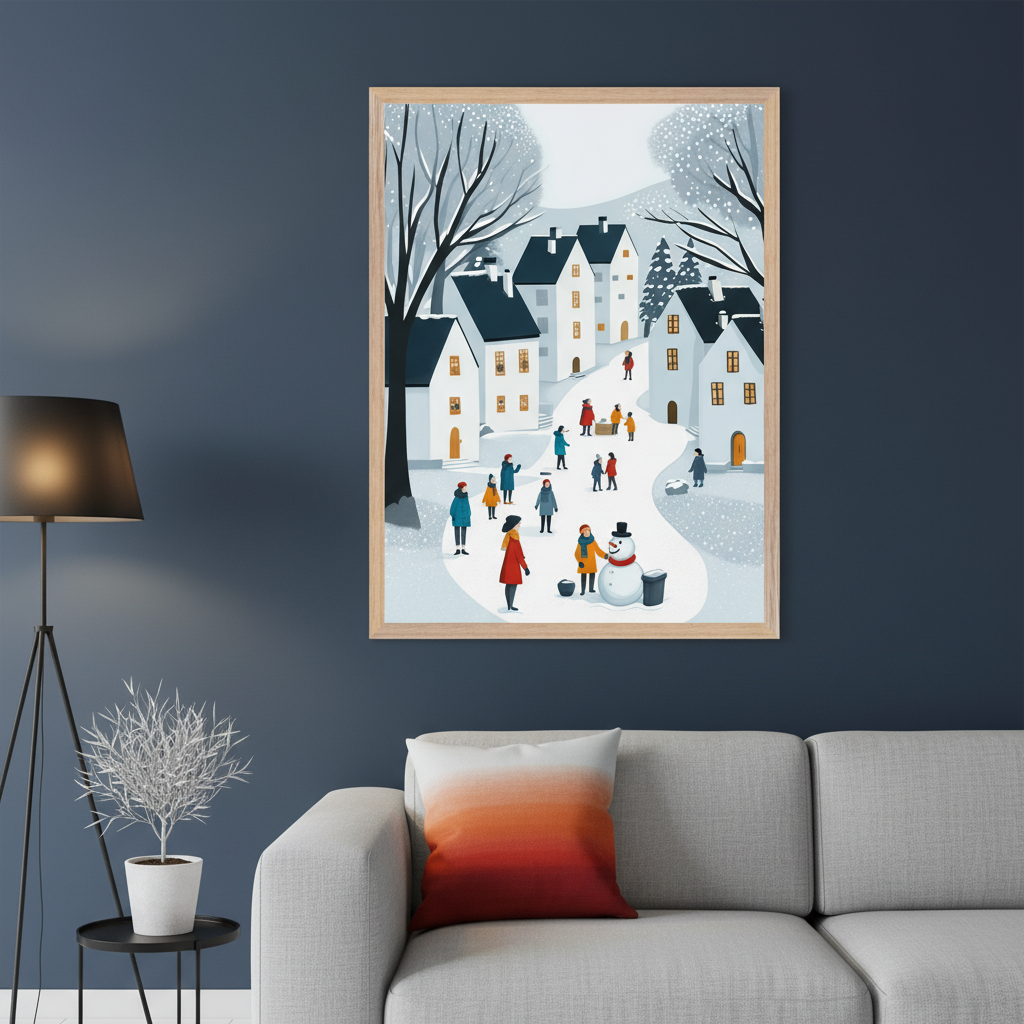 Modern living room with a gray sectional sofa, black floor lamp, and side table. A framed illustrative print of a snowy village scene with people and a snowman hangs on a dark blue wall above the sofa.
