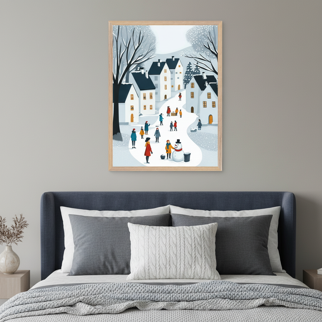 Bedroom with a dark blue upholstered bed and gray pillows. A light wood nightstand with a vase is on the left. A framed illustration of a snowy village with people, houses, and trees hangs centered above the bed.