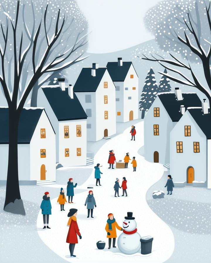 Whimsical winter illustration of a snowy village where people are bundled up and enjoying outdoor activities like chatting, walking, and building a snowman. White houses with warm glowing windows line a winding path under softly falling snow.