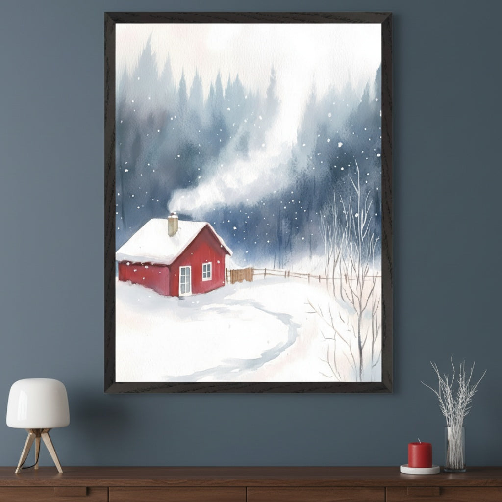 Modern living room with a dark teal wall and a wooden console table. A large, dark-framed watercolor painting of a snowy winter landscape with a red cabin, smoke from its chimney, and falling snow hangs centered above the table.