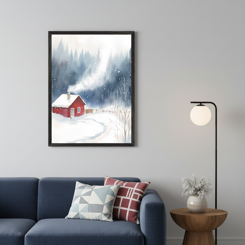 Living room with a blue sofa and two patterned pillows. Above the sofa, a framed watercolor painting shows a red cabin in a snowy forest with chimney smoke. A black floor lamp stands right of the sofa. A wooden side table with a white vase is next to the lamp.
