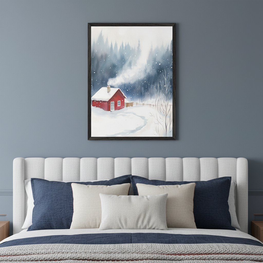 Bedroom with a white upholstered bed and blue and cream pillows. A framed watercolor painting of a red cabin in a snowy forest with smoke from the chimney hangs centered above the bed.