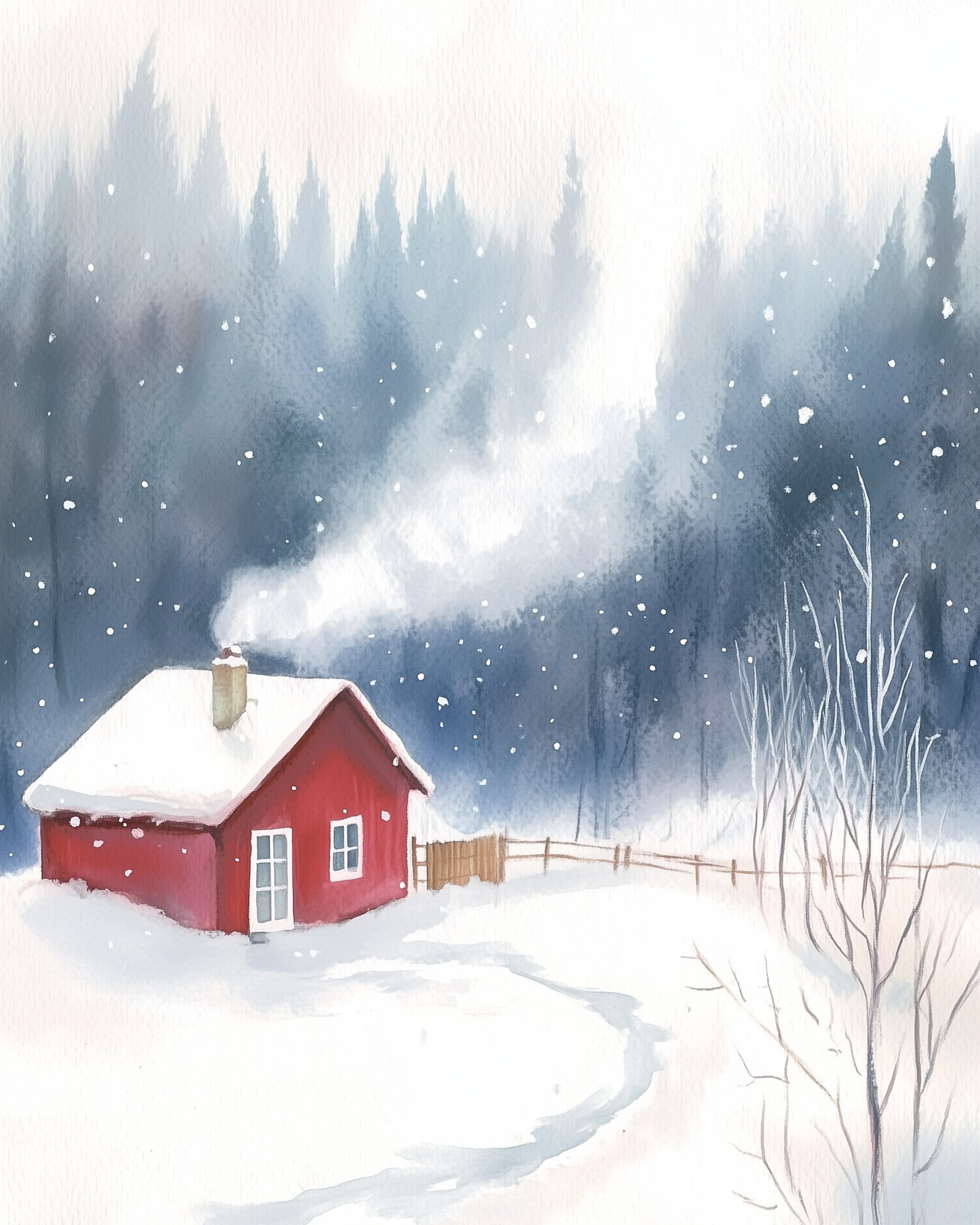 Watercolor illustration of a small red cabin with smoke rising from the chimney, surrounded by snow and pine trees under gently falling snowflakes. A narrow path curves through the snow toward the front door, creating a cozy winter scene.