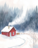 Watercolor illustration of a small red cabin with smoke rising from the chimney, surrounded by snow and pine trees under gently falling snowflakes. A narrow path curves through the snow toward the front door, creating a cozy winter scene.