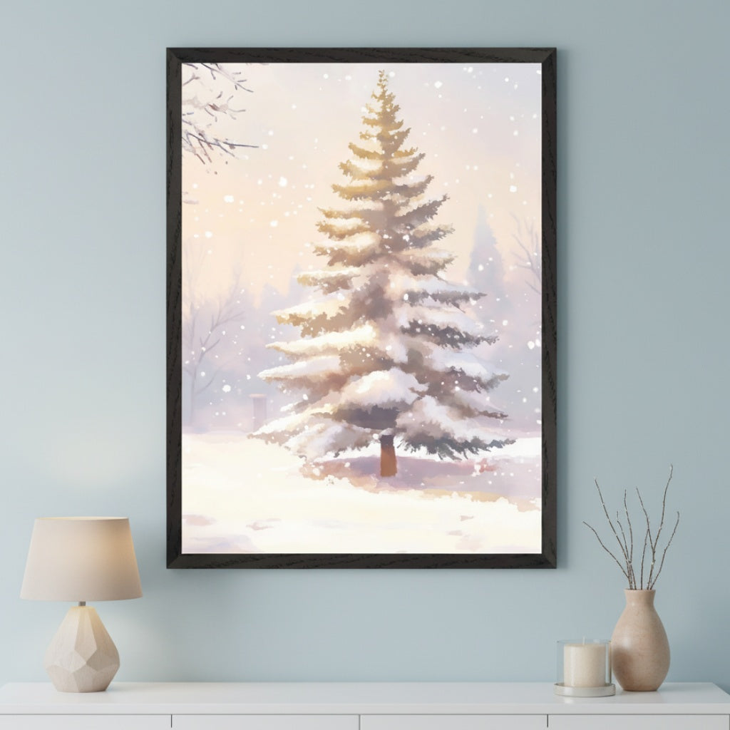 Modern room with a light blue wall and a white console table. A large framed painting of a snow-covered pine tree in a snowy winter landscape hangs above the console table. A lamp and vase are on the table.