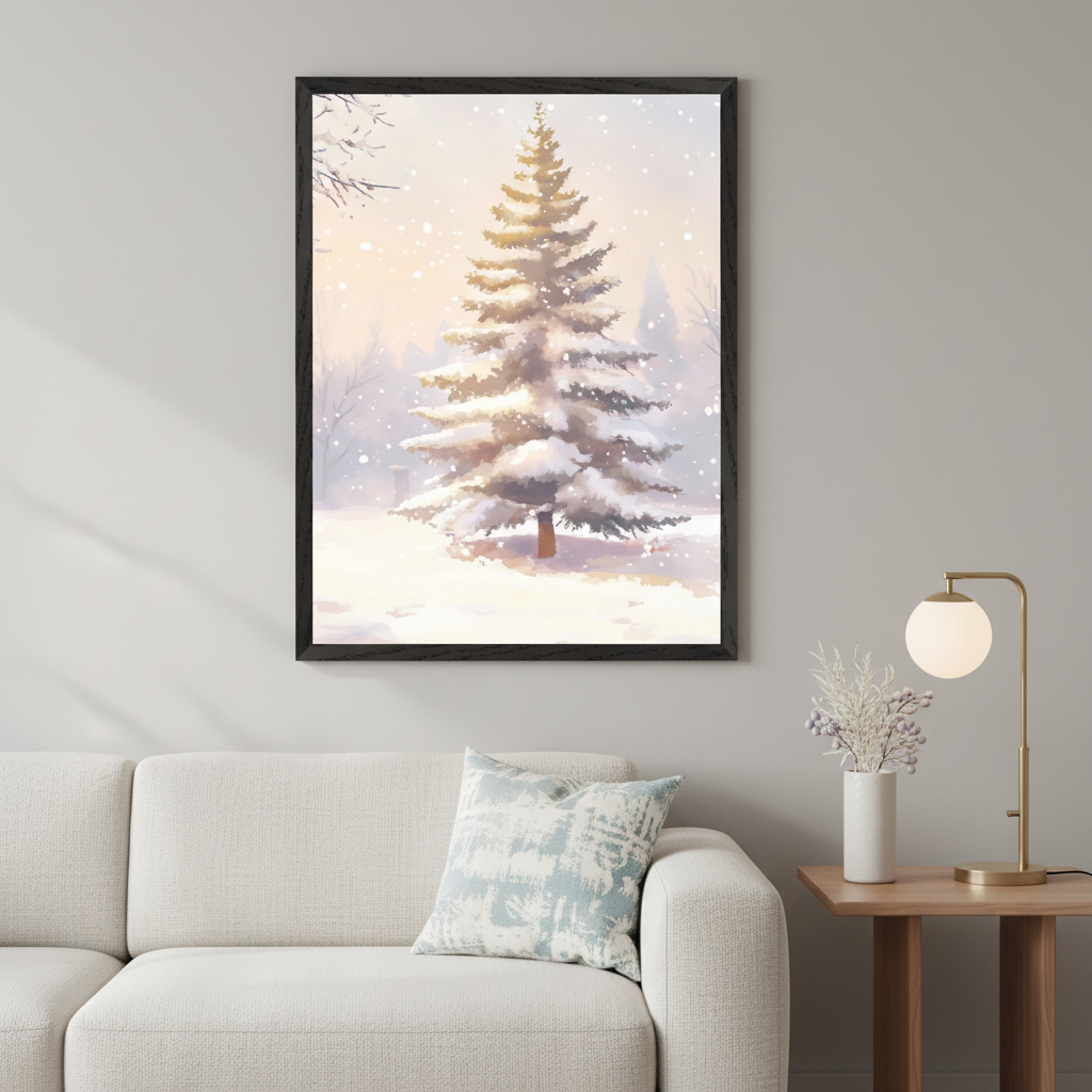 Modern living room with a cream sofa and a wooden side table. A large framed painterly artwork of a snow-covered pine tree in a glowing winter landscape hangs on the wall above the sofa.