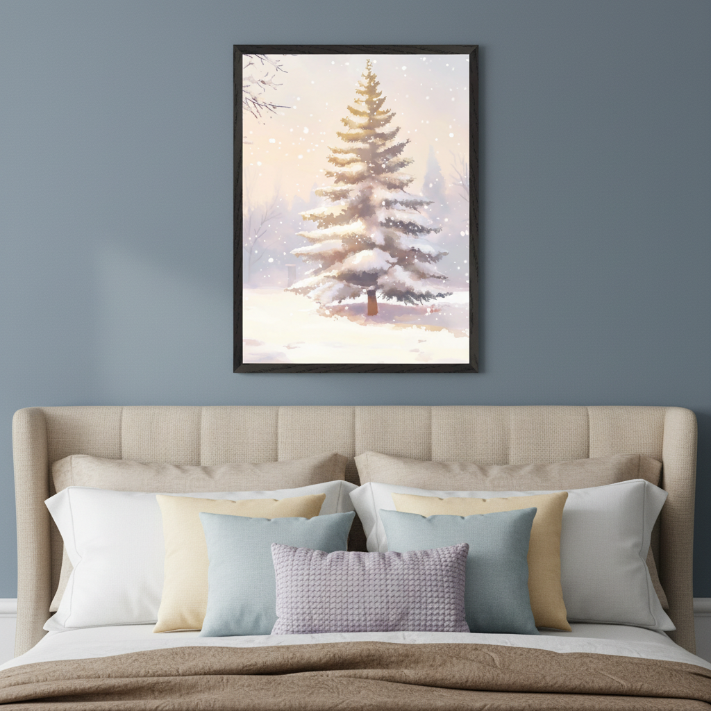 Modern bedroom with a beige fabric bed and neutral pillows. A rectangular framed print of a snow-covered pine tree in a winter landscape with falling snow and a bright background hangs above the bed on a blue wall.