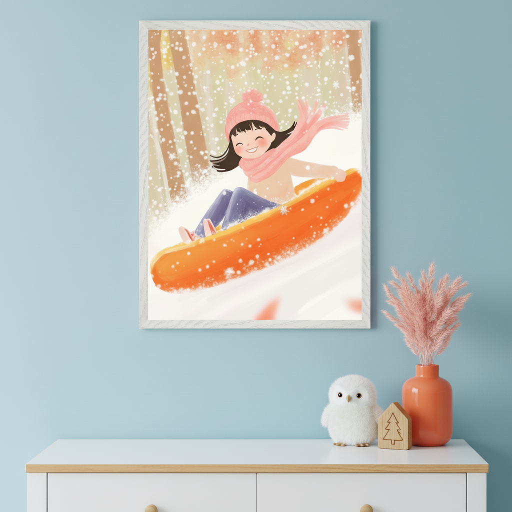 Modern kid's room with a white dresser topped with wood. A large framed illustration hangs above the dresser, showing a smiling girl in a pink hat and scarf sledding on an orange tube down a snowy hill with trees and falling snow.