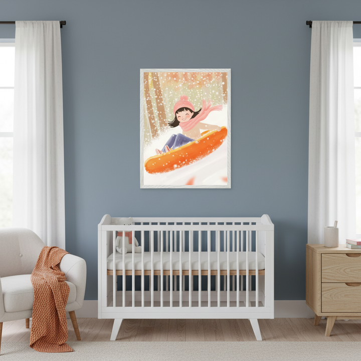Kid's bedroom with a white bed, headboard, and two white nightstands with lamps. A framed illustration of a smiling girl in a pink hat and scarf sledding on an orange sled down a snowy hill with trees hangs centered above the bed.