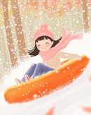 A cheerful child is sledding down a snowy hill on an orange sled, wearing a pink hat and scarf, with snow gently falling around them and trees in the background.
