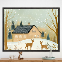 Child's room with a light wood dresser. A large framed illustration of a winter scene featuring a house with solar panels, snowy trees, and two deer hangs centered above. On the dresser are a white polar bear, a deer figurine, and a clear vase with stones.